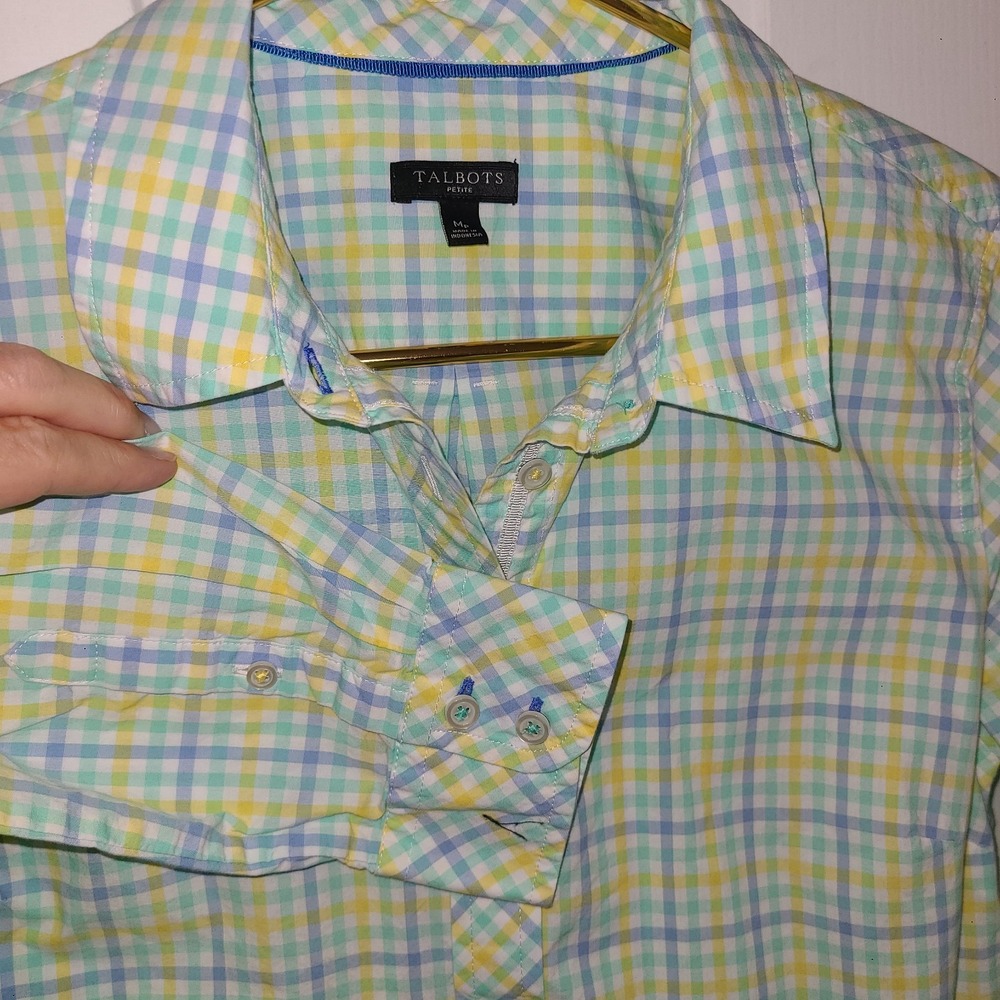 Talbots Windowpane Madras Plaid Button-Down Long Sleeve Shirt Blouse Top Med Pet